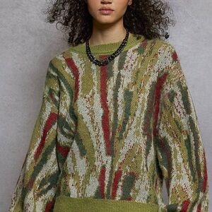 POL Olive and Red Abstract Crew Neck Sweater